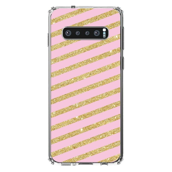 DistinctInk Clear Shockproof Hybrid Case for Samsung Galaxy S10 (6.1" Screen) - TPU Bumper, Acrylic Back, Tempered Glass Screen Protector - Pink & Gold Print - Diagonal Stripes Pattern