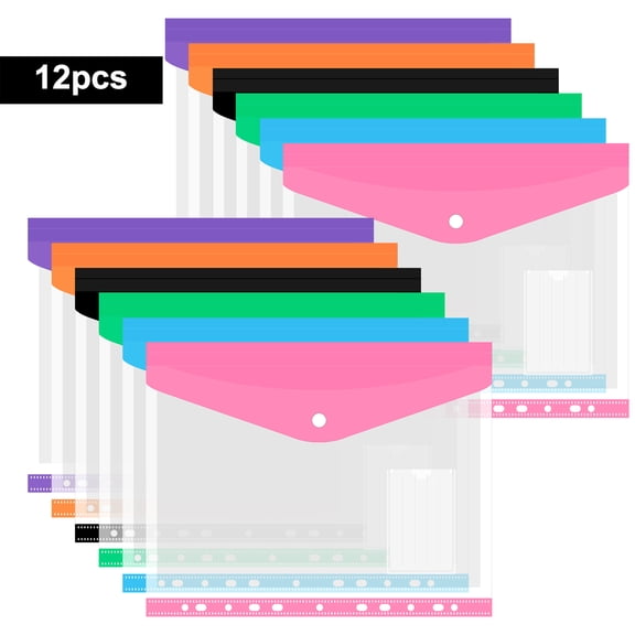 EEEkit 12 Pcs Binder Organizer Pockets, Expandable Plastic Binder Folders with Snap Button and Label, 2/3/4 Ring Binder Compatible, 11 Holes, Office and Home Organizer