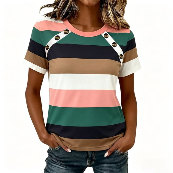 SAWOBUUN Women Striped T shirt Short Sleeve Crew Neck Button Shoulder Casual Slim Fit Fashion Tops