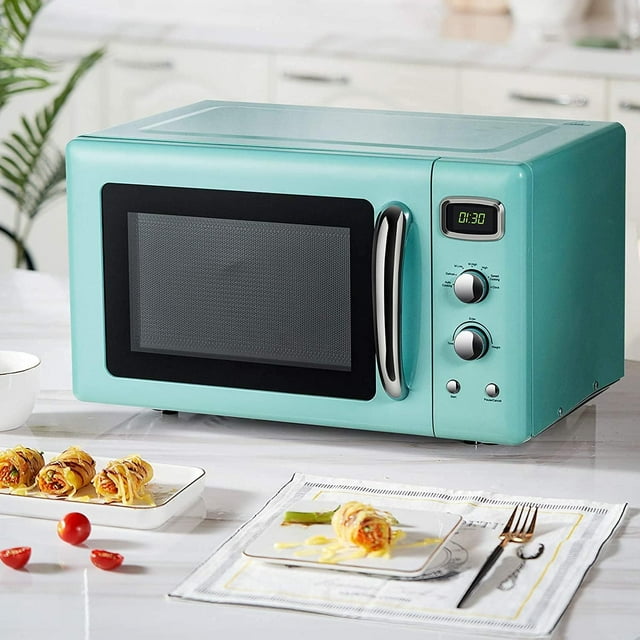 GOFLAME Horno microondas grande de 0.9 pies cúbicos, microondas retro de 900 vatios con bloqueo de seguridad para niños, función de descongelación y cocción automática, pantalla LED, plato giratorio d