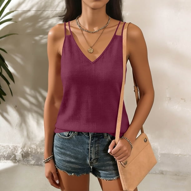 TaTaai Women's Linen Look V Neck Tank, Strappy Backless Design, Solid Color Sleeveless Top for Summer Fashion Gift