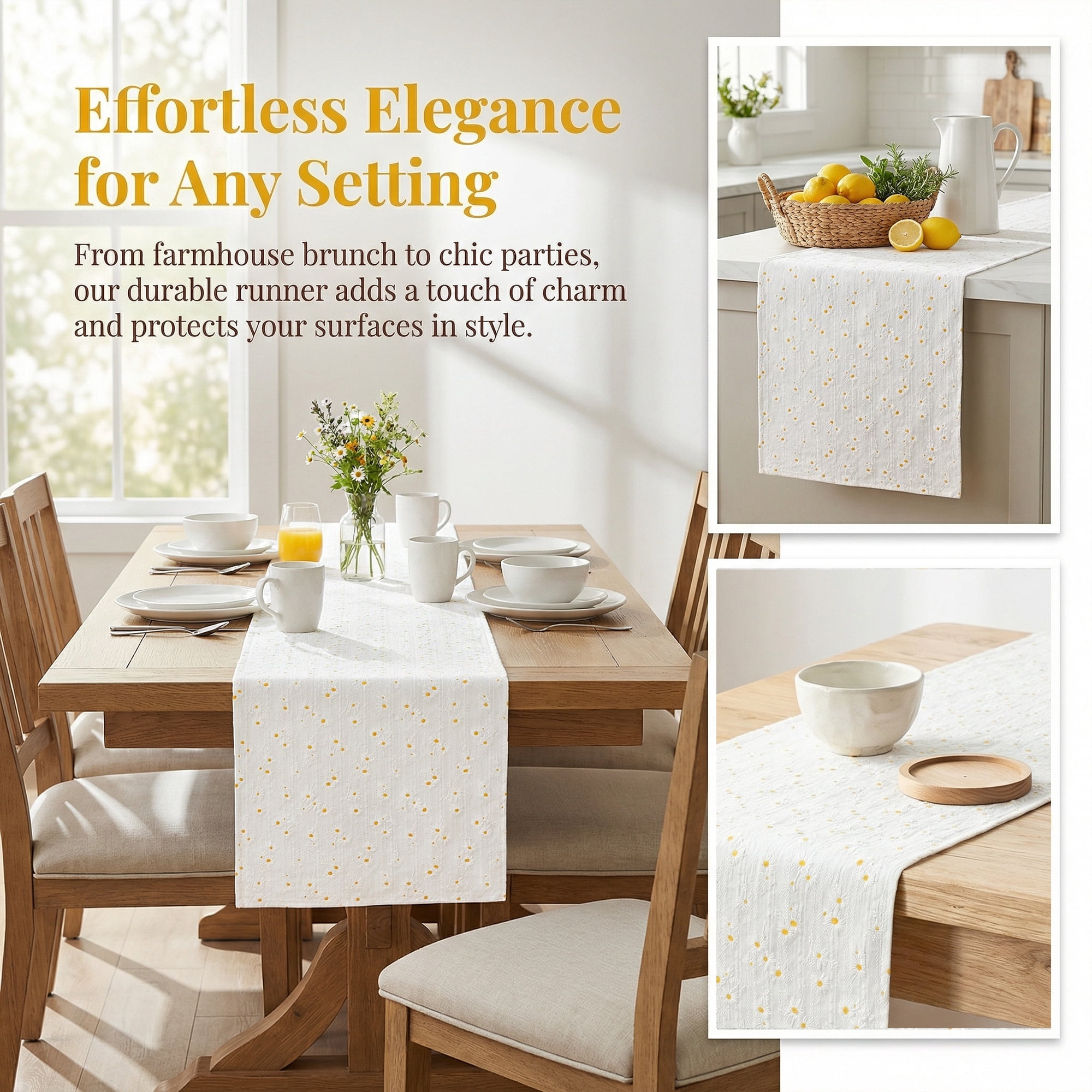 Unique Bargains Cotton Kitchen Runner for Dining Table Decoration Daisy 11.8" x 63"