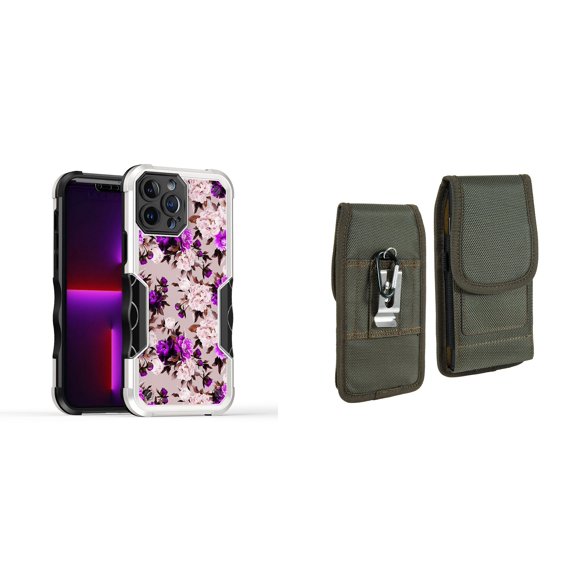 Case and Pouch Bundle for iPhone 14: Heavy Duty Armor Rugged Case (Purple Pink Flowers) and Vertical Rugged Nylon Belt Holster (Midnight Green)