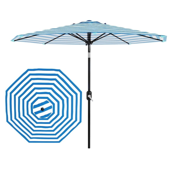 9FT Patio Umbrella Outdoor, Table Umbrella with Push Button Tilt and Crank, 8 Sturdy Ribs UV Protection Waterproof for Garden, Pool, Market, Deck (Blue & White Stripe)