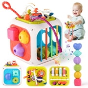 AOKESI Baby Toys Montessori Activity Cube, 7 in 1 Multifunction Early Learning Toy with Sensory Shape Sorter Colorful Stacking Building Blocks Pull String, Gift for Boys Girls 12+ Months