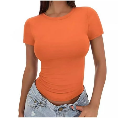 Orange XXL WIZUTIZ Corset Tops for Women up to 50% Off Retro Holiday Beach Tunics Shirts Short Sleeve Casual Solid T-shirt Cotton Blend Round Neck Basic Tops Loose Fit Fluffy Tshirts Lightweight Ladi
