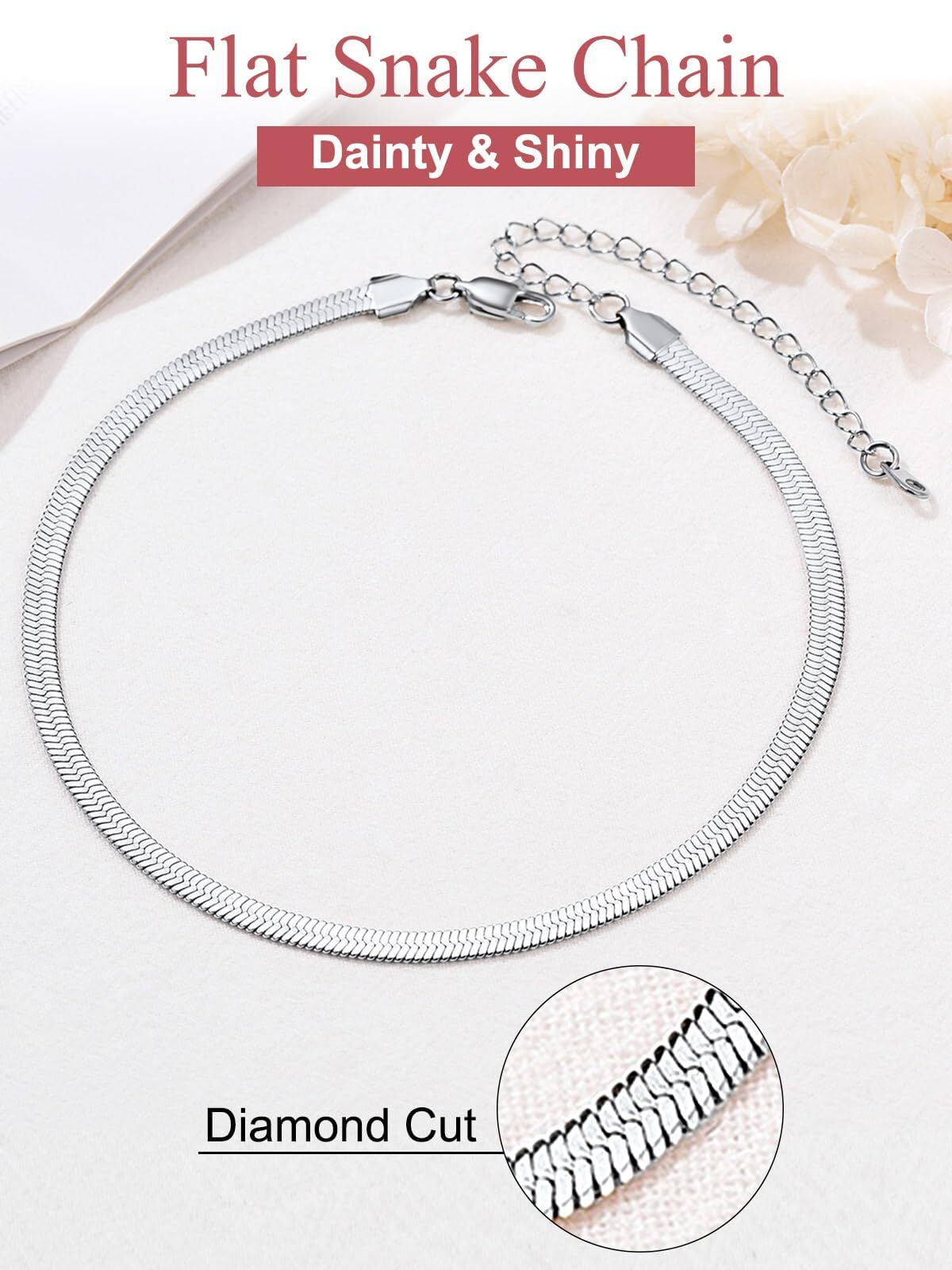 FOCALOOK Flat Snake Chain for Women Stainless Steel Silver Herringbone Choker Necklace Jewelry Birthday Christmas Mother's Day Gifts 5MM 15 Inches