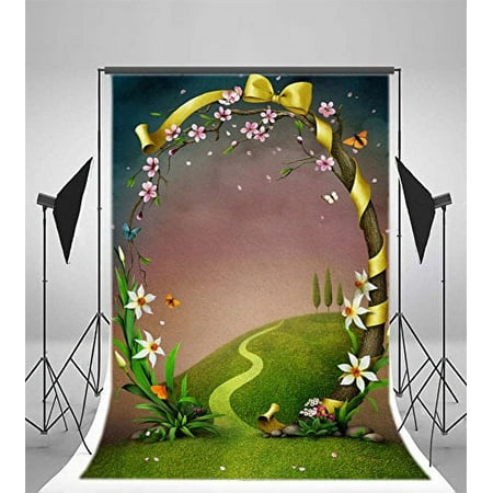 Image of Photography Cartoon Wallpaper Backdrop 5x7ft Spring Flowers Grass Land Road Trees Fairy Tale Background Little Girl Children Kids Baby Portraits Video Studio Props