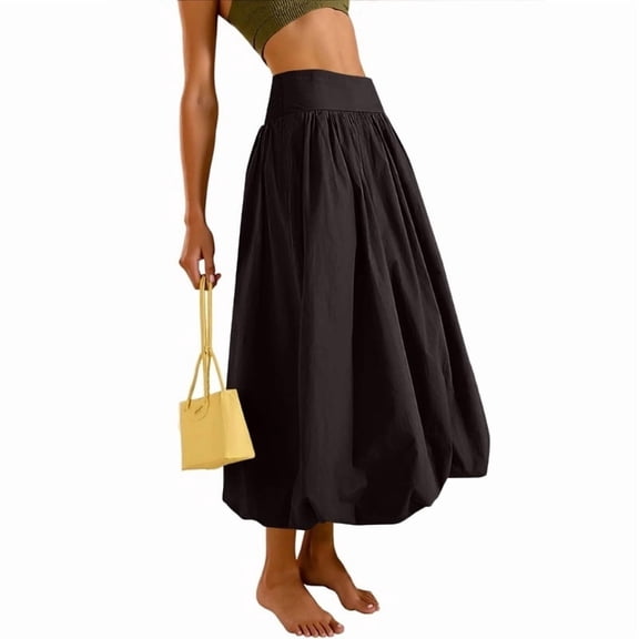 Women's Bubble Long Skirt Elastic Waist A-Line Pleated Ruffle Flowy Balloon Maxi Skirts with Pockets