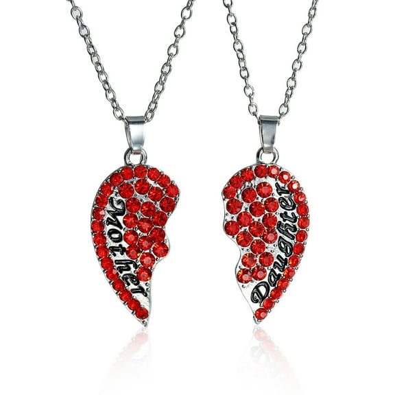 Sexy Sparkles Red Rhinestone Necklace Long Link Cable Chain Silver Tone Broken Heart Message "Mother Daughter " Pendants - Zinc Metal Alloy   Rhinestone