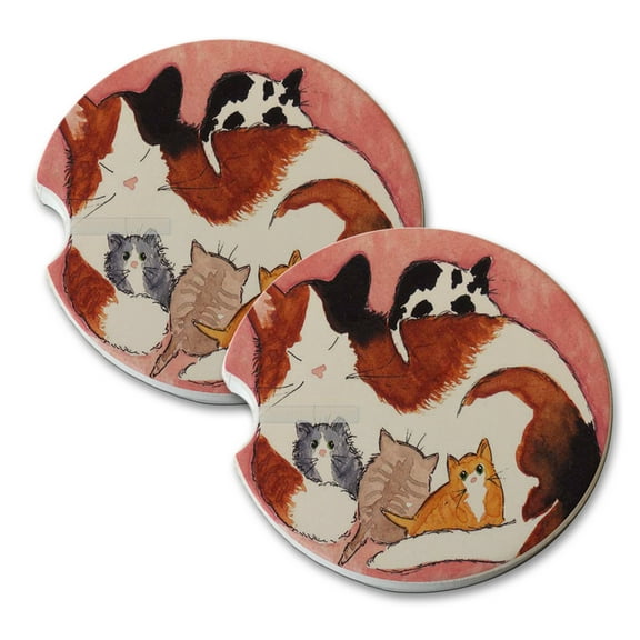 KuzmarK Sandstone Car Drink Coaster (set of 2) - Mama Cat and Kittens Shorthair Cat Art by Denise Every