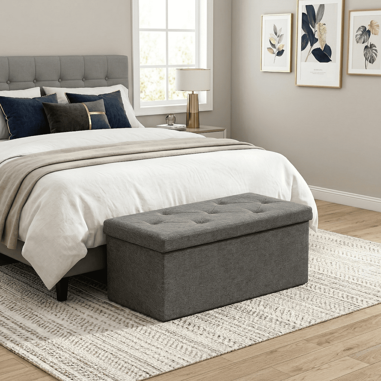 Folding Storage Ottoman Bench 30 Inch, Heavy Duty 660lbs Storage Ottoman with Lid, Collapsible Linen Fabric Ottoman Foot Rest Stool, End of Bed Bench for Bedroom, Living Room, Entryway, Dark Gray