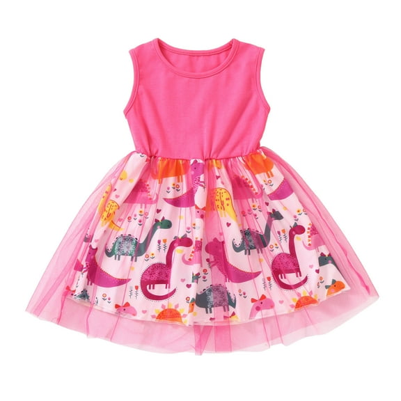 BAYAIXZ Sleeveless Tulle Dress Toddler Kids Baby Girls Sleeveless Patchwork Dinosaur Crew Neck Tulle Dress Halloween Party Princess Dresses (Pink,90)
