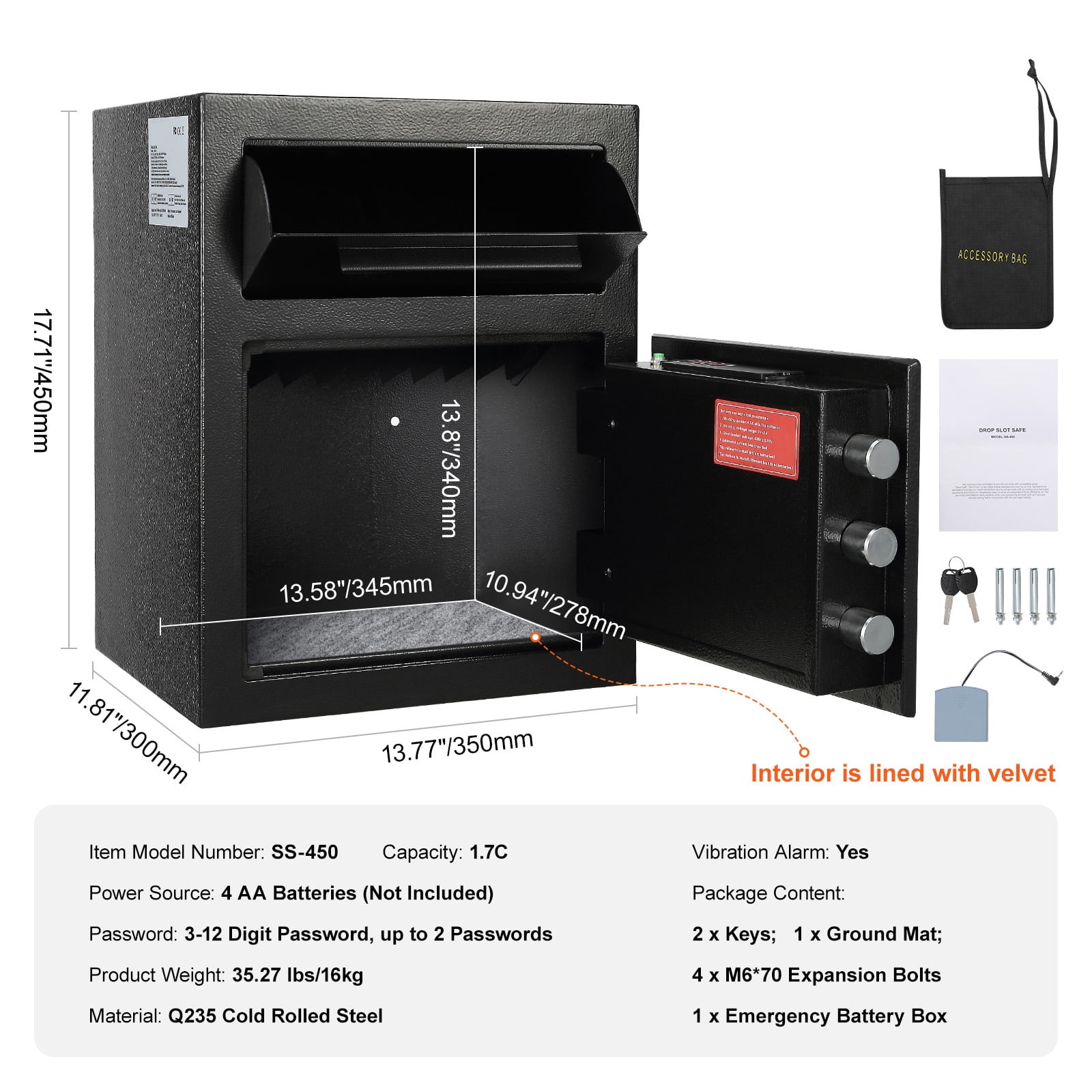 VEVOR 1.7 C Digital Depository Safe Deposit Safe Security Safe Box Made of Carbon Steel with Deposit Slot with Two Emergency Keys Depository Safe Box for Home Hotel Restaurant and Office
