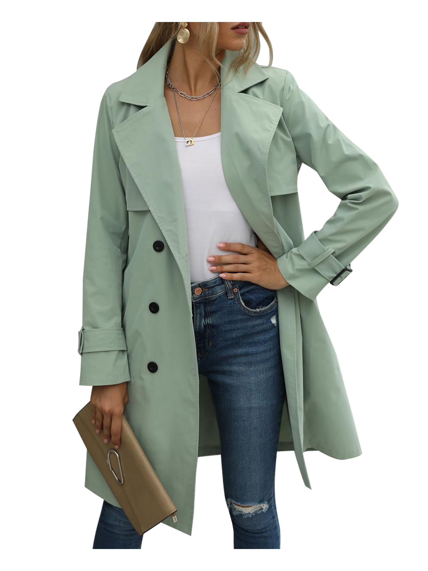 Spring hue Women Jacket Long Sleeve Lapel Double Breasted Belted Trench Coat - image 2 of 6