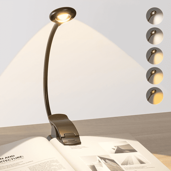 Rechargeable Clip On Reading Light, 5 Color Temperatures Stepless Dimming, Black