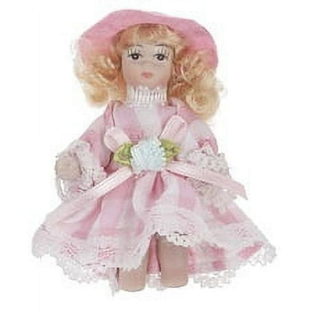 Miniature Posable Doll With Blond Hair and Pink Dress - By Ganz