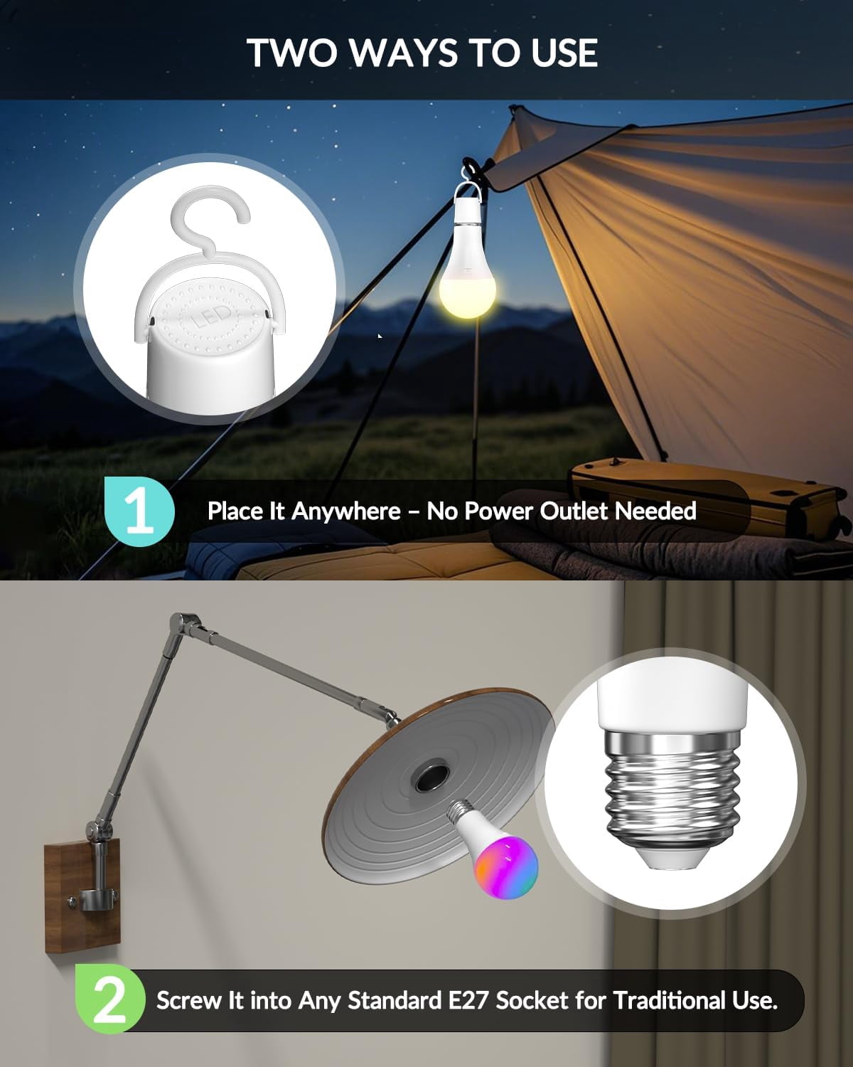 E26 Rechargeable Light Bulb with Remote Control,Battery Light Bulb,RGB Color Changing & 3 Color Temperature,Dimmable Bulb with Timer Function for Wireless Table Lamps,2 Pack(4.86" Long)