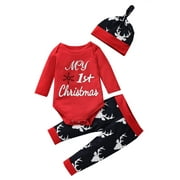 Frobukio Newborn Baby Girls Boys Christmas Clothes Sets Letter Printed Long Sleeve Romper Deer Pants Hats Red 6-12 Months