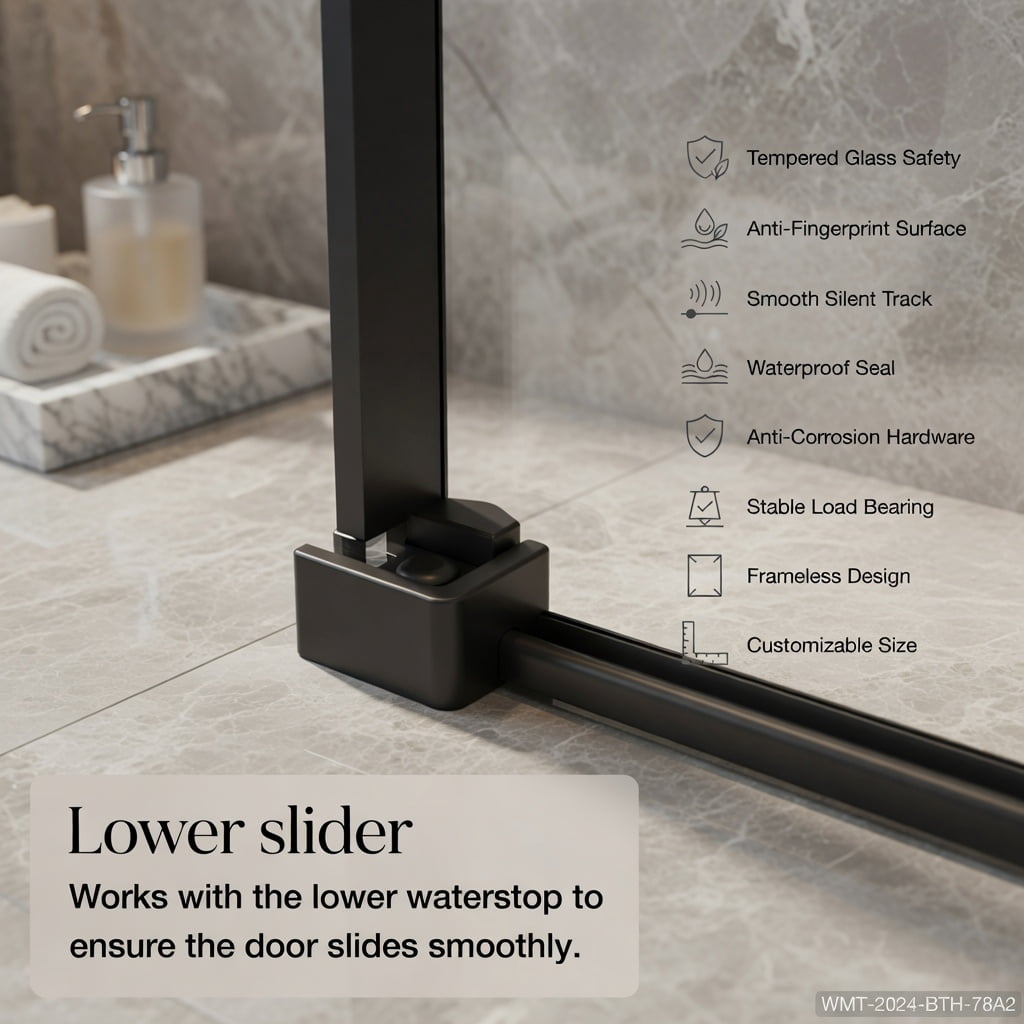 Hommoo 48" W x 72" H Frameless Single Sliding Shower Door, 1/4" Tempered Clear Glass, Aluminum Rail & Stainless Steel Handle, Adjustable Width (46.8–48"), Reversible Installation, Black & Transparent