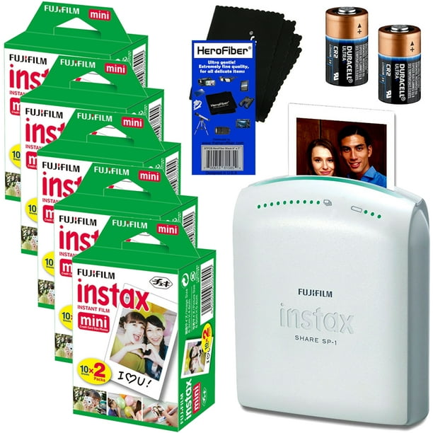Fujifilm Instax Share SP-1 Smartphone Printer + Fujifilm Instax Mini  Instant Film (100 sheets) + 2 CR2 Lithium Replacement Batteries +  HeroFiber® 