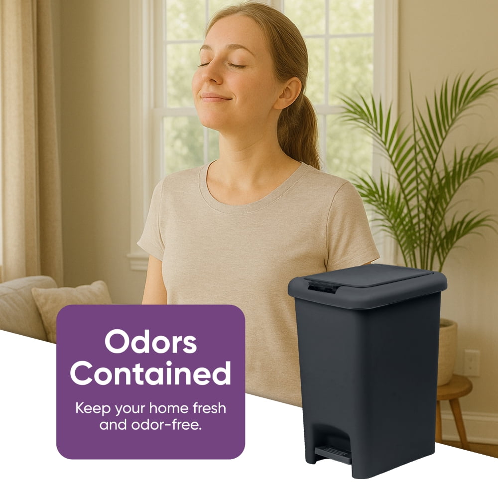 Superio 10L Slim Step & Push Trash Can - Dual Opening, Compact Design (10.63"x7.68"x13.53") - Black