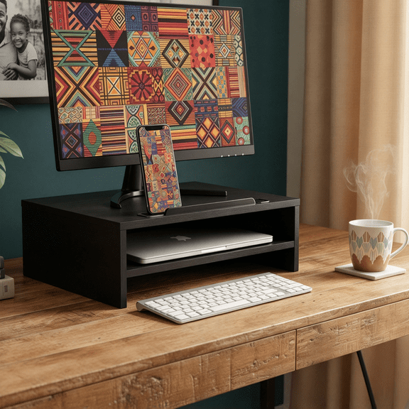 Wooden Monitor Stand Riser for Desk, 2-Tier Computer Monitor Stand ,66 lbs Desk Shelf Organizer with Storage, Laptop & Printer Stand, Black