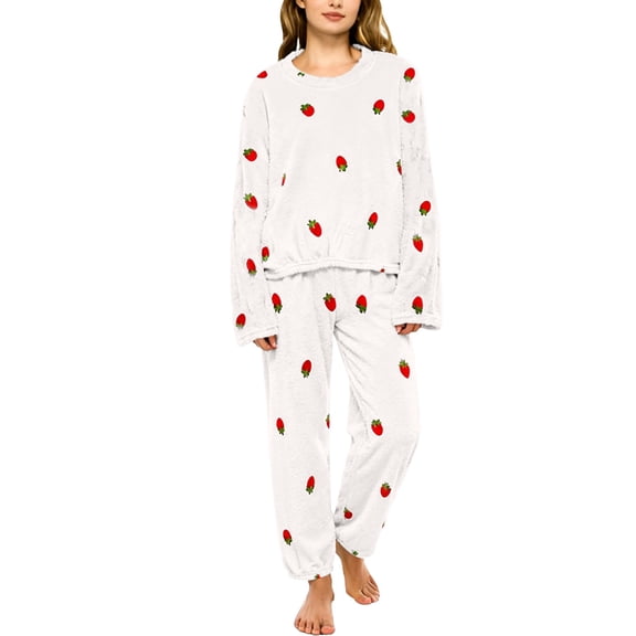 MVRLSH Pajamas For Women Set Cute Strawberry Print Winter Coral Fleece Pajama Set Thick Warm 2 Piece Flannel Loungewear Cozy White M-Xxl