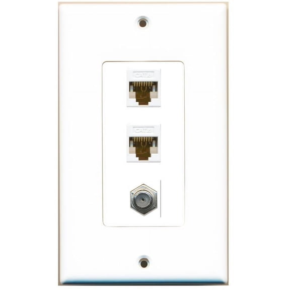 RiteAV Decorative 1 Gang Wall Plate (White/White) 3 Port - 2 x Cat6, 1 x Coax