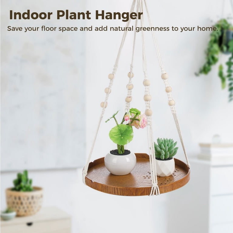 2pcs Hanging Plant Holders, Macrame Plant Hangers with Wood Tray, Cotton Hanging Planter Shelves, Plant Display Holders for Living Room, Bedroom,