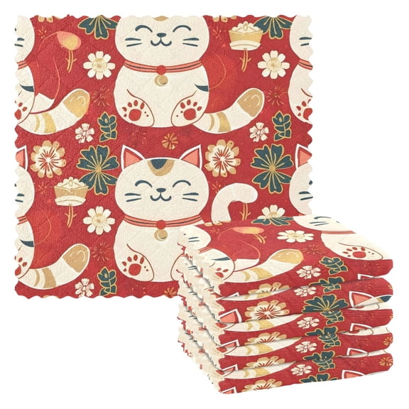6 Pieces of Kitchen Towels 11x11Inch Kitchen Dish Cloths Kitchen Dish Towels Reuseable Cleaning Cloths Lucky Cat