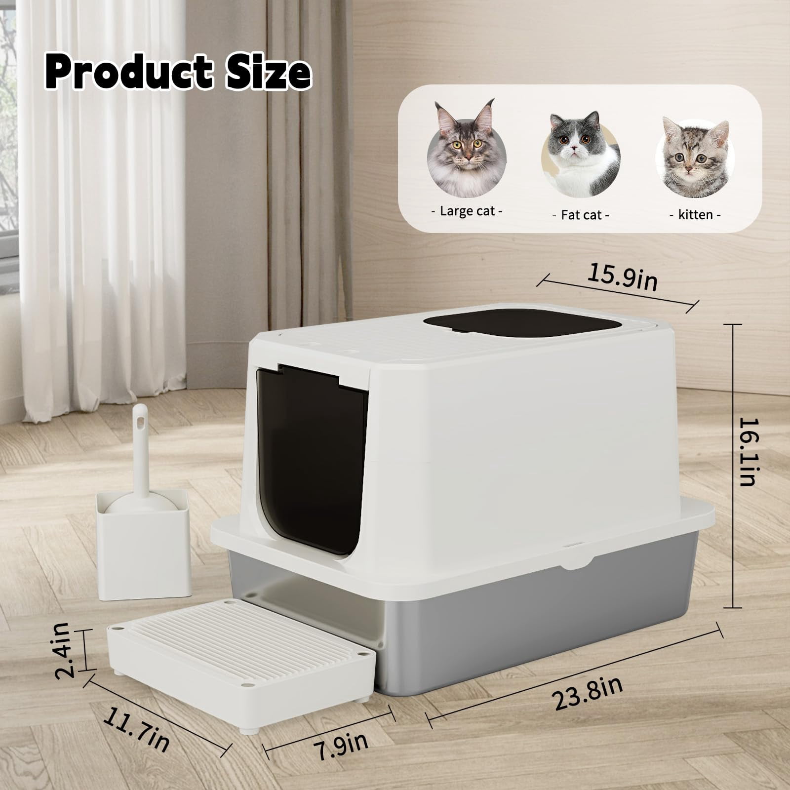 Stainless Steel Cat Box: Beige Leak-proof Large Enclosed Litter Pan Indoor Odorless Tray For Multiple Cats - Teflon Non-stick Coating Under 20 Lbs Ideal Laundry Room Balcony