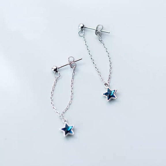 EOEMY Solid Sterling Silver Bright Blue Crystal Stars Star Ear Jacket Stud Earrings