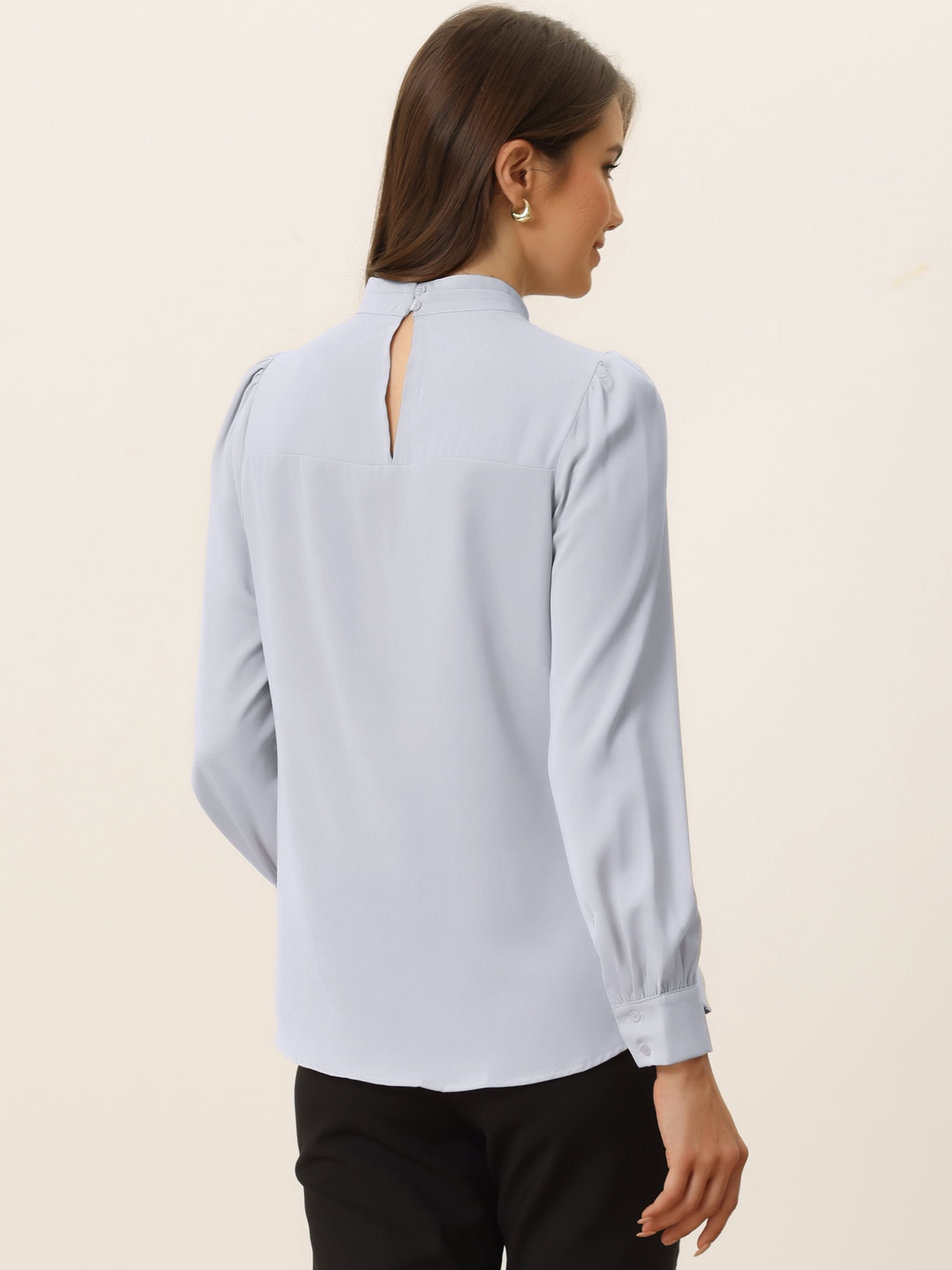 DARING DIVA Women's Stand Collar Long Sleeve Office Blouse XL Grey White