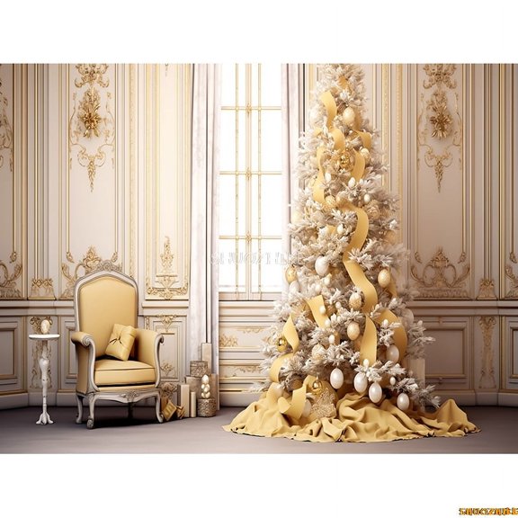 Christmas Day Photography Backdrops Prop Fireplace Window Winter Xmas Tree ration Flower Garland Wood Door Background JU-06