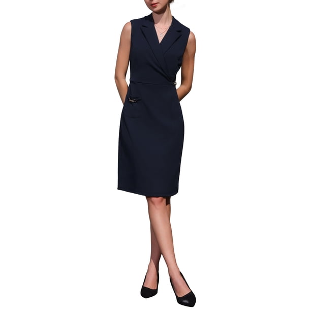 INSPIRE CHIC Vestido Lápiz Sin Mangas para Mujeres con Solapa Notch, Vestido Formal de Trabajo 2XL Azul Marino