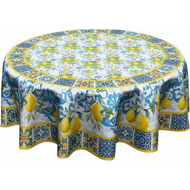 Lemon Floral Tablecloth Round 60 Inch Tile Flower Table Cover Washable Wipeable Tabletop Decorative for Kitchen Dining Room Picnic Party