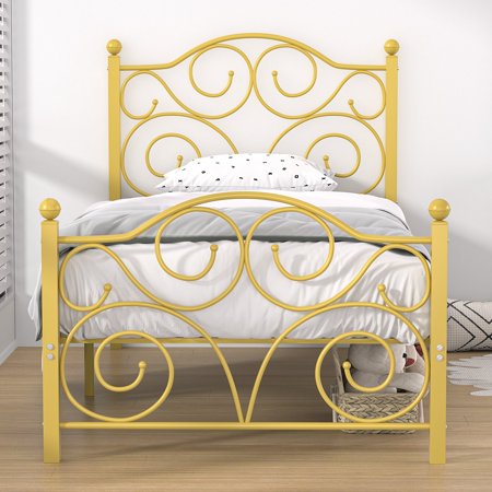 VECELO Twin Bed Frame with Headboard & Footboard Modern Metal Platform Bed Frame with Underbed Storage Space No Box Spring Needed Heavy Duty & Quick Assembly Gold