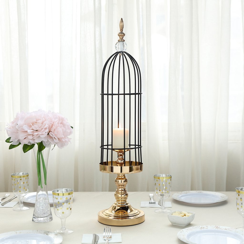 BalsaCircle Gold Black Metal Bird Cage Candle Holder Party Wedding