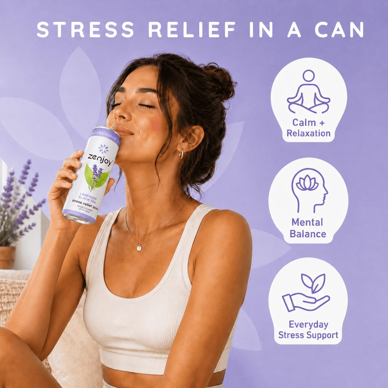 Zenjoy Stress Reief Drink, Calming Black Tea, Non Alcoholic, Ashwagandha & Lemon Balm for Stress Relief, L - Theanine for Focus (12 Pack) (Lavender)