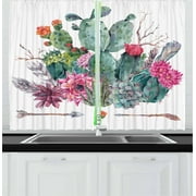 Cactus Curtains 2 Panels Set, Exotic Natural Watercolor Bouquet in Boho Style Succulent Flowers Feather and Arrows, Window Drapes for Living Room Bedroom, 55"W X 39"L,Multicolor, by Ambesonne
