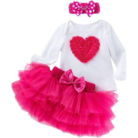 

QWZNDZGR Cute Newborn Clothes Set Newborn Infant Baby Girls Heart Embroidery Long Sleeve Romper Bodysuit Tutu Tulle Skirt
