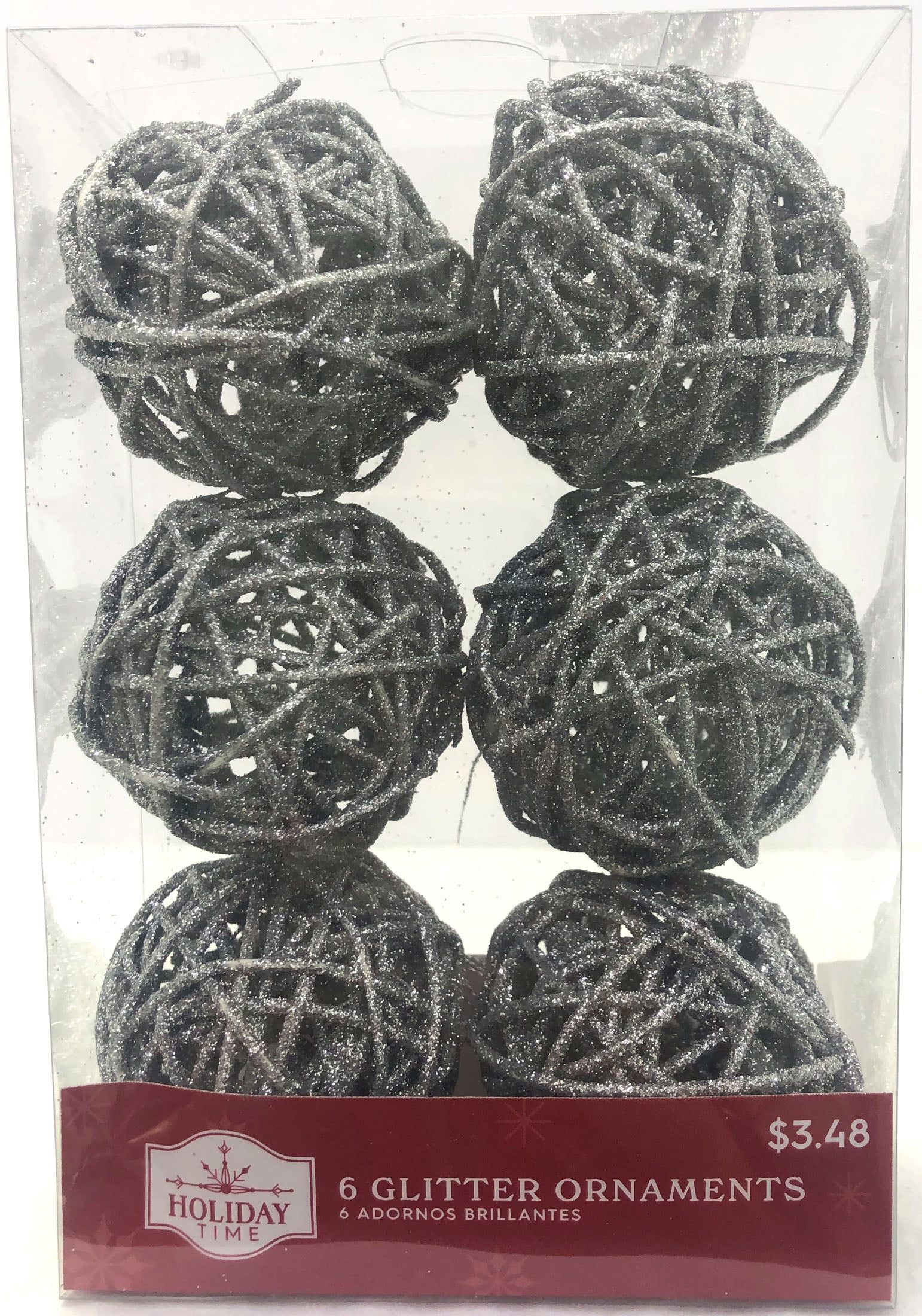 Holiday Time Silver Rattan Christmas Ornaments, 6 Count