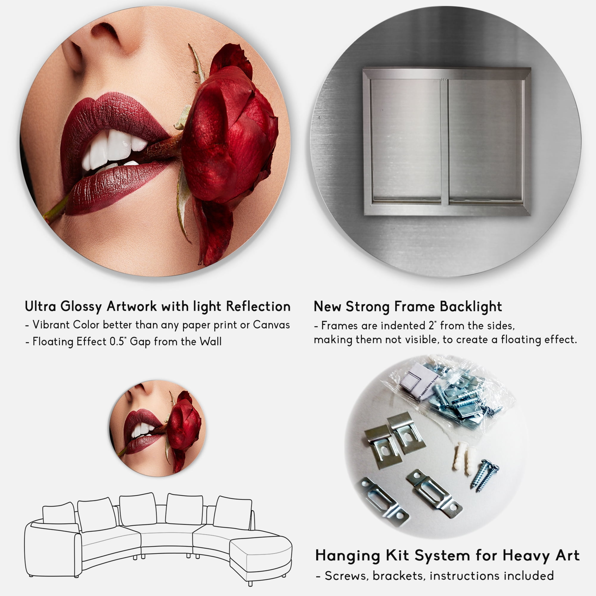 Designart 'Girl With Red Lipstick Holding A Rose In Mouth' Modern Circle Metal Wall Art 23x23 - Disc of 23