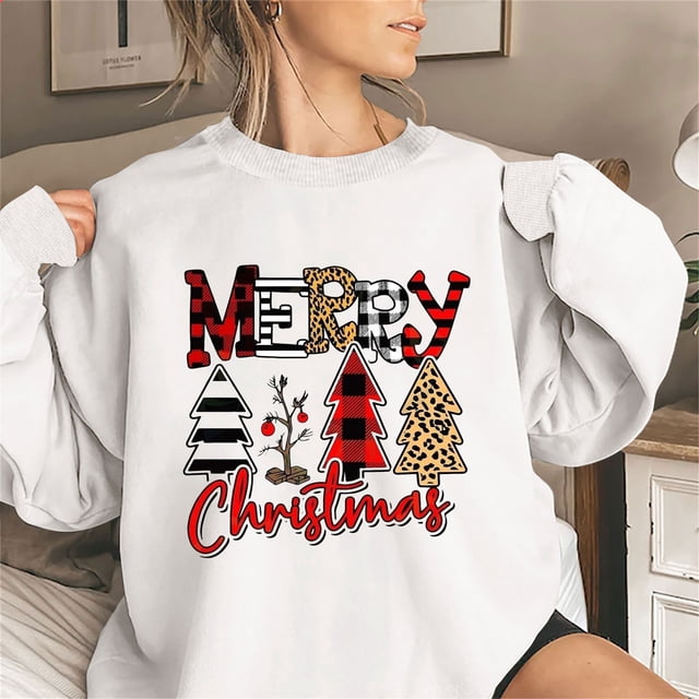 Hauts Grande Taille pour Femmes, Haut de Mode Coloré de Noël à Col Rond pour Femmes, Chandails à Manches Longues
