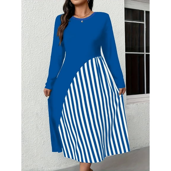 Sporty and fashionable extra plus-size blue and white striped paneled dress, color-blocked crew neck long-sleeve casual wear