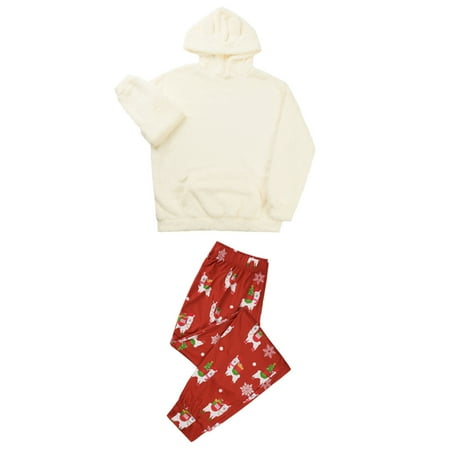 

Fanvereka Family Matching Christmas Pajamas White Long Sleeve Plush Hooded Tops + Red Cartoon Print Pants Sets