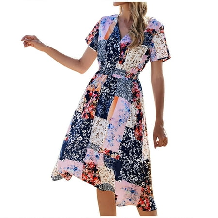 

Womens Casual Plus Size Summer Casual Midi Dress Loose Fit Floral Print Short Sleeve V Neck Knee Length Dress for Women