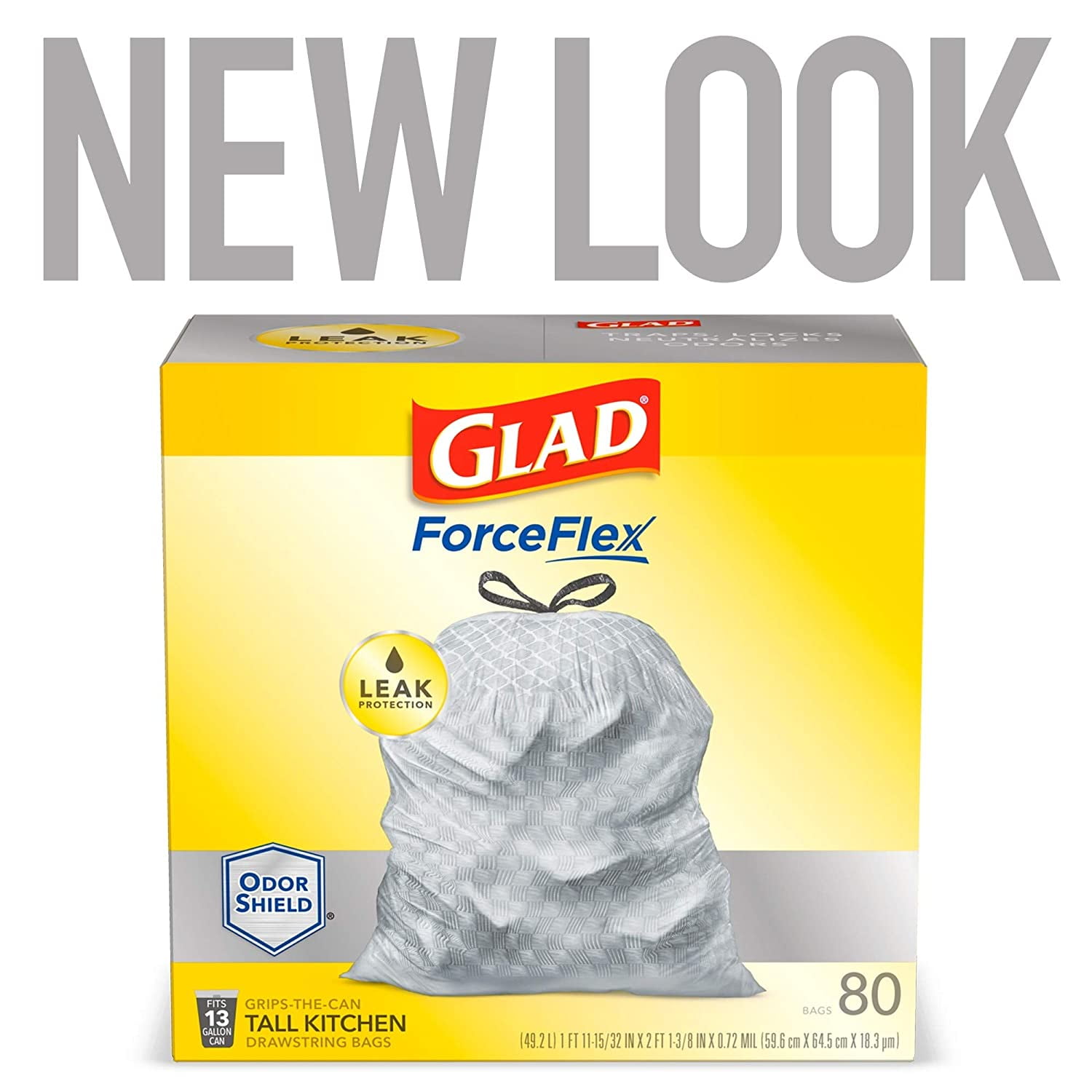 Glad Tall Kitchen Drawstring Trash Bags, Force Flex Plus, 13 Gallon, White, OdorShield, 80 Count