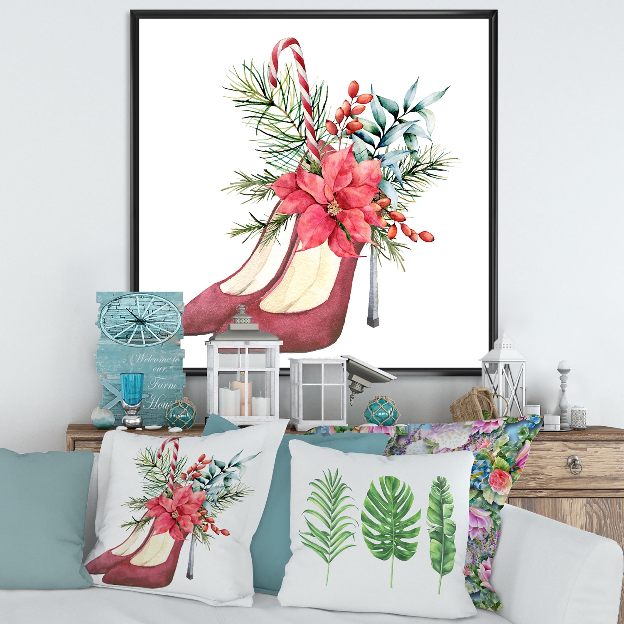 Designart 'Red Suede Heeled Shoes With Christmas Red Floral Decor' Traditional Framed Canvas Wall Art Print